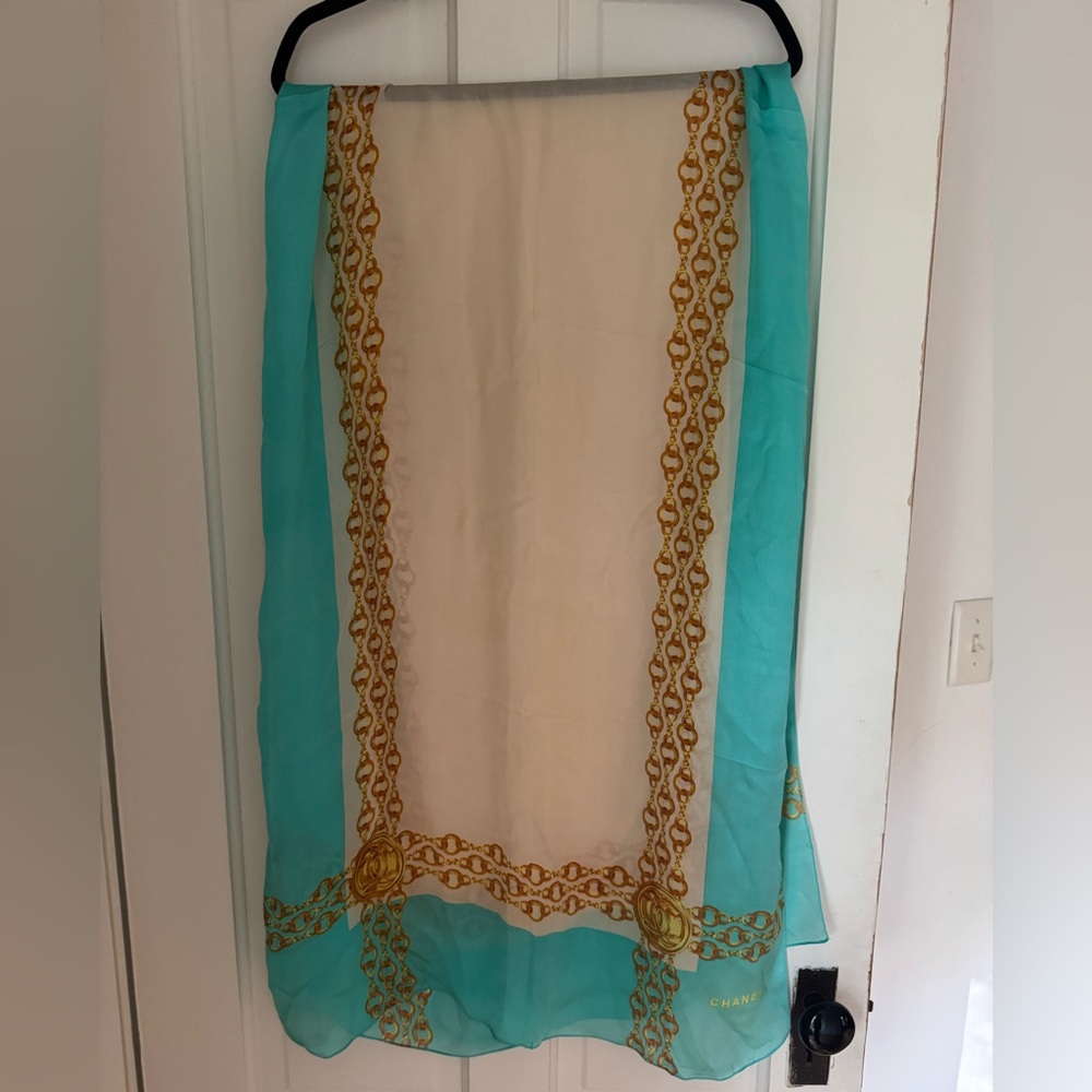 Authentic Chanel 100% Silk Scarf Cream Turquoise With Gold Chain Link Logo